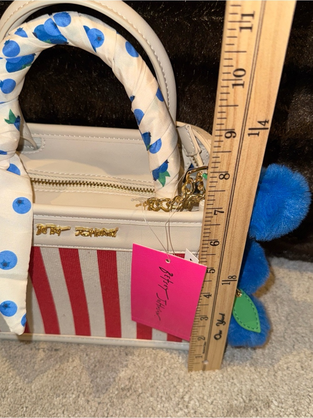 Betsey Johnson White and Red Stripe Mini Top-Handle Bag with Blue Pom Charm - Picture 11 of 11